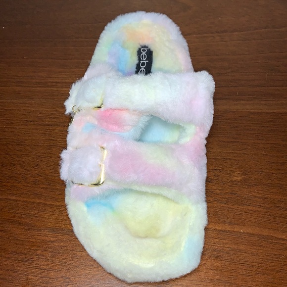 BEBE Fanny Faux Fur Fuzzie Slide Logo Rhinestone Sandals Pink Tie Dye - Picture 2 of 10